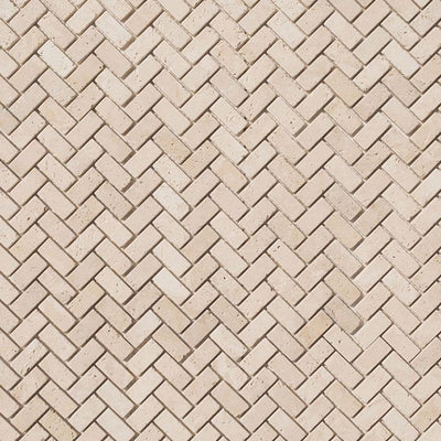 Ivory Travertine 1x2 Herringbone Tumbled Mosaic Tile - TILE AND MOSAIC DEPOT
