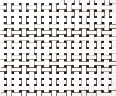 Bianco Dolomite Marble Basketweave with Black Dots Honed Mosaic Tile - TILE & MOSAIC DEPOT