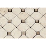 Ivory Travertine Octagon Tumbled Mosaic Tile w/ Noce Dots - TILE & MOSAIC DEPOT