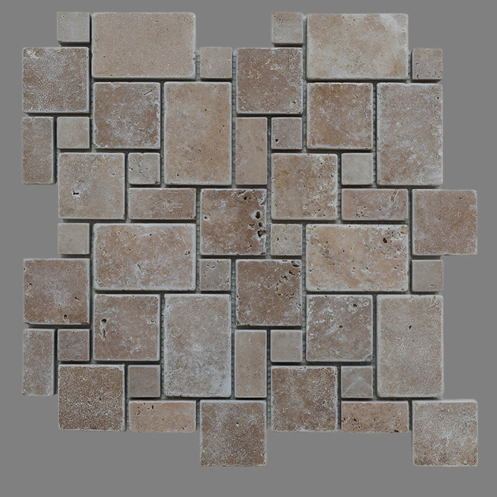 Walnut Travertine Micro Mini Pattern Tumbled Mosaic Tile - TILE AND MOSAIC DEPOT