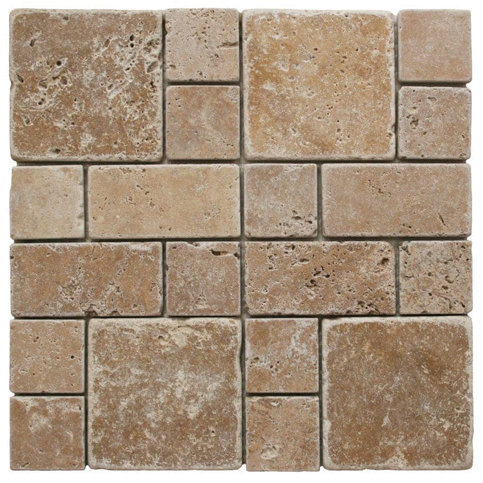 Noce Travertine Mini Pattern Tumbled Mosaic Tile - TILE AND MOSAIC DEPOT