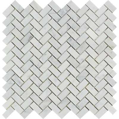 White Carrara Marble 5/8x1 1/4 Herringbone Polished Mosaic Tile - TILE AND MOSAIC DEPOT