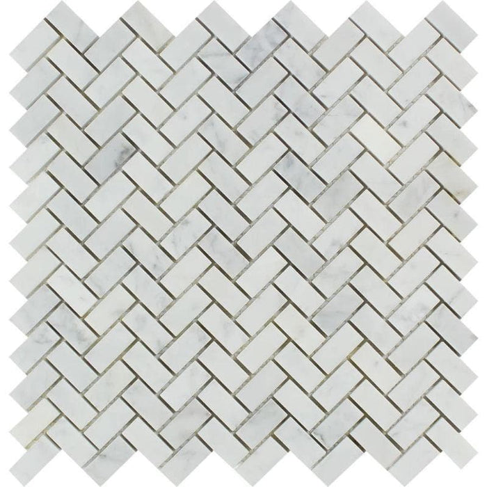 White Carrara Marble 5/8x1 1/4 Herringbone Polished Mosaic Tile - TILE AND MOSAIC DEPOT