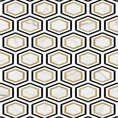 Calacatta Gold Thassos Nero Marquina Hexagon Marble Polished Mosaic Tile.