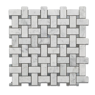 White Carrara Marble Honed Basketweave w/Gray Dots Mosaic Tile - TILE AND MOSAIC DEPOT