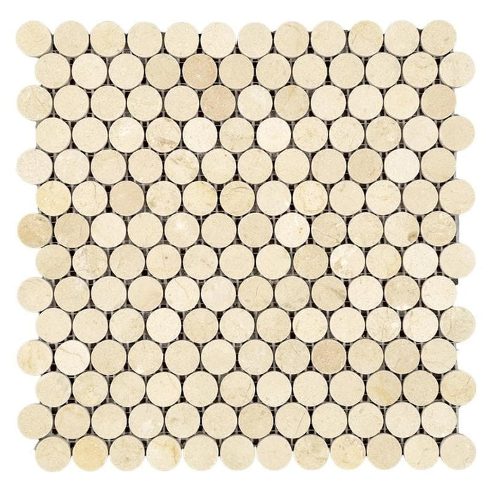 Crema Marfil Marble Penny Round Polished Mosaic Tile - TILE AND MOSAIC DEPOT