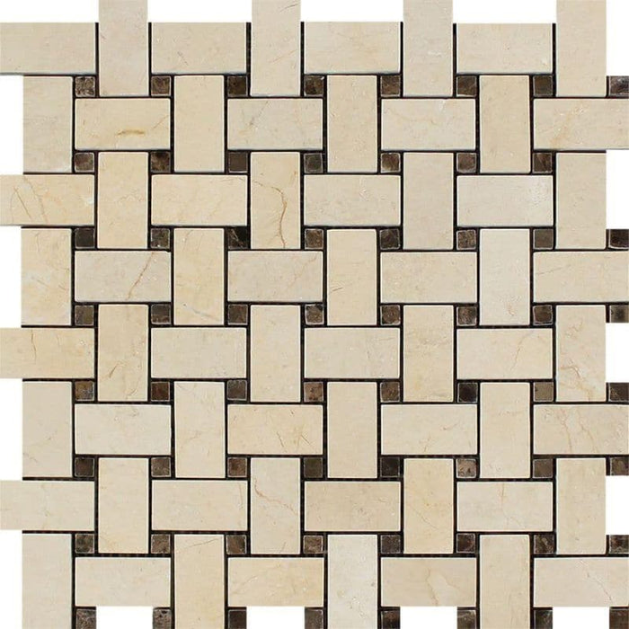 Crema Marfil Marble Basketweave w/ Emp Dots Polished Mosaic Tile - TILE AND MOSAIC DEPOT
