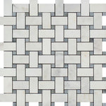 Asian Statuary (Oriental White) Marble Polished Basketweave with Blue Dots Mosaic Tile - TILE AND MOSAIC DEPOT