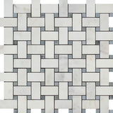 Asian Statuary (Oriental White) Marble Polished Basketweave with Blue Dots Mosaic Tile - TILE AND MOSAIC DEPOT