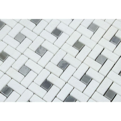 Thassos White Marble Pinwheel w/Blue dots Polished Mosaic Tile - TILE AND MOSAIC DEPOT