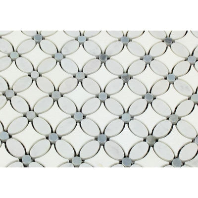 Thassos White Marble Florida Flower Polished Mosaic Tile w/Blue Dots - TILE AND MOSAIC DEPOT
