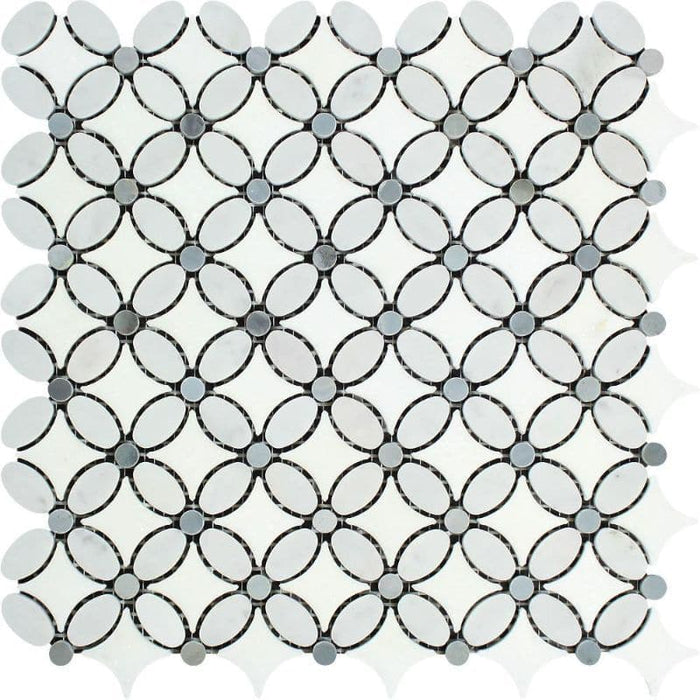 Thassos White Marble Florida Flower Polished Mosaic Tile w/Blue Dots - TILE AND MOSAIC DEPOT