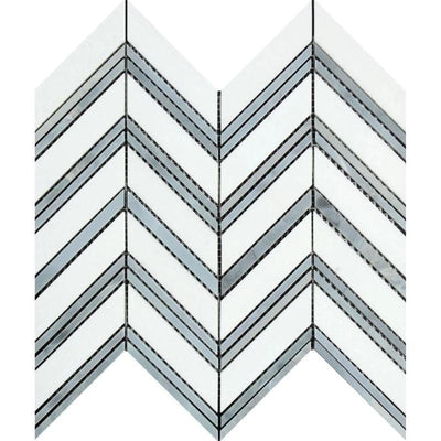 Thassos White Marble Chevron with Blue Strips Honed Mosaic Tile - TILE AND MOSAIC DEPOT