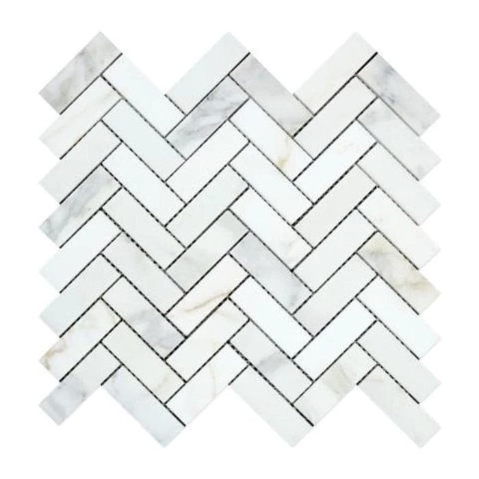 Calacatta Gold Marble 1x3 Herringbone Polished Mosaic Tile - TILE AND MOSAIC DEPOT
