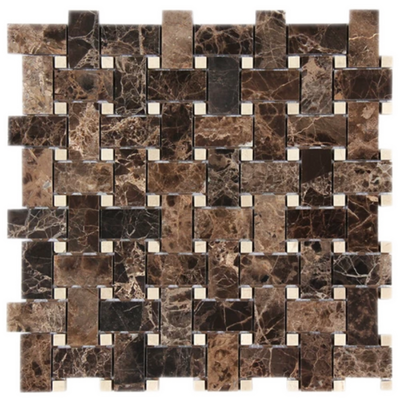 Emparador Dark with Crema Marfil dot Basketweave Polished Mosaic Tile - TILE AND MOSAIC DEPOT