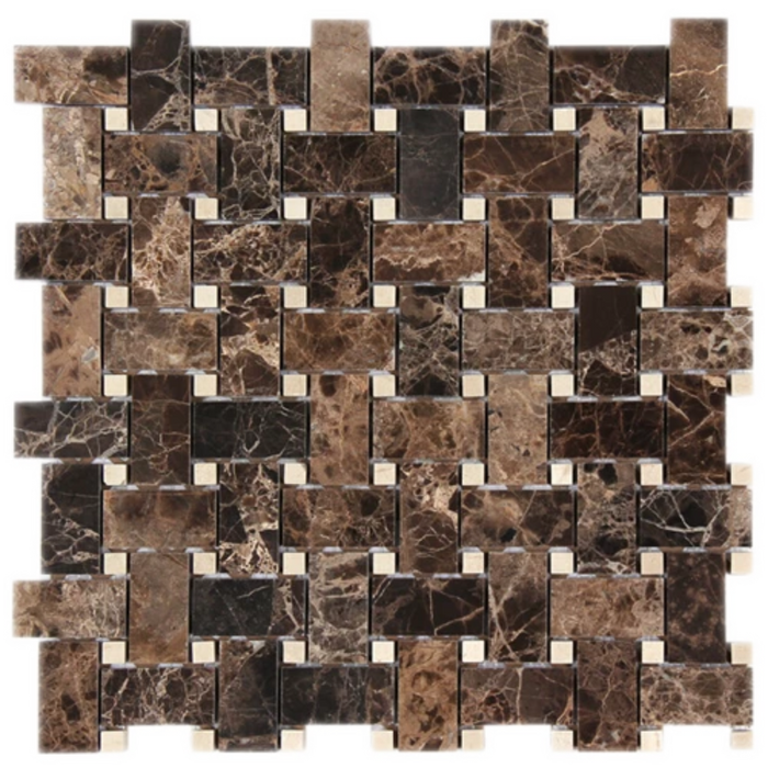 Emparador Dark with Crema Marfil dot Basketweave Polished Mosaic Tile - TILE AND MOSAIC DEPOT