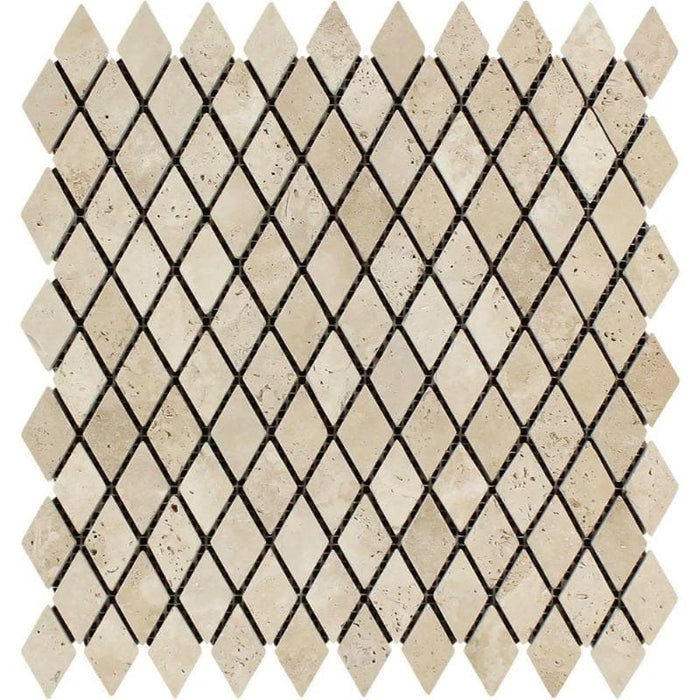 Ivory Travertine Tumbled 1x2 Diamond  Mosaic Tile - TILE AND MOSAIC DEPOT