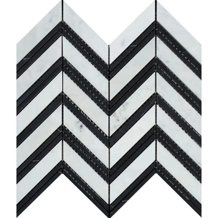 White Carrara Marble Chevron with Black Strips Polished Mosaic Tile - TILE AND MOSAIC DEPOT